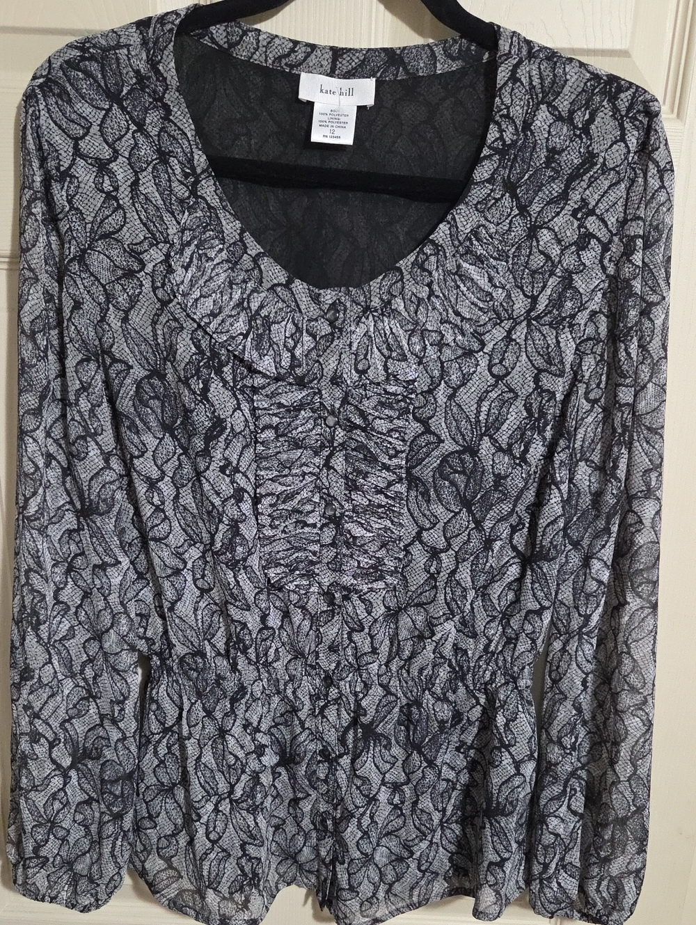 Kate Hill Black and White Lace-Print Peplum Blouse